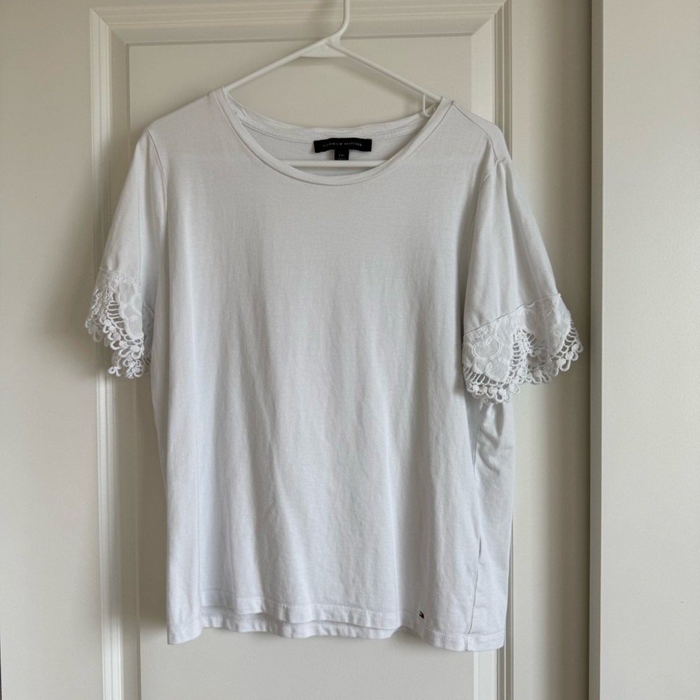 Tommy Hilfiger Shirt Top White Lace Sleeves
